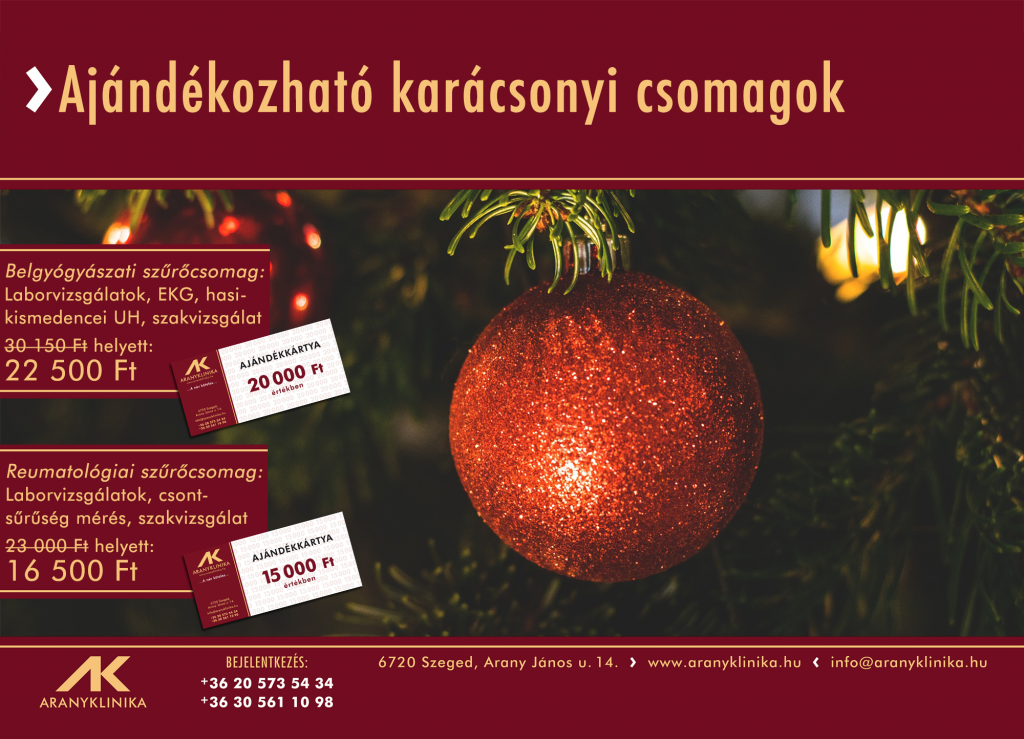 Ajándékba is adható akciós karácsonyi csomagok az Aranyklinikán!